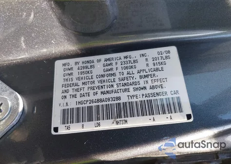 2008 Honda Accord 2.4 Lx-P z USA, uszkodzony, nr VIN 1HGCP26488A093288